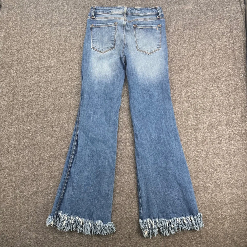 Tricot Womens High Rise Flare Jeans Medium Wash Frayed Fringe Hem Size 11/29
